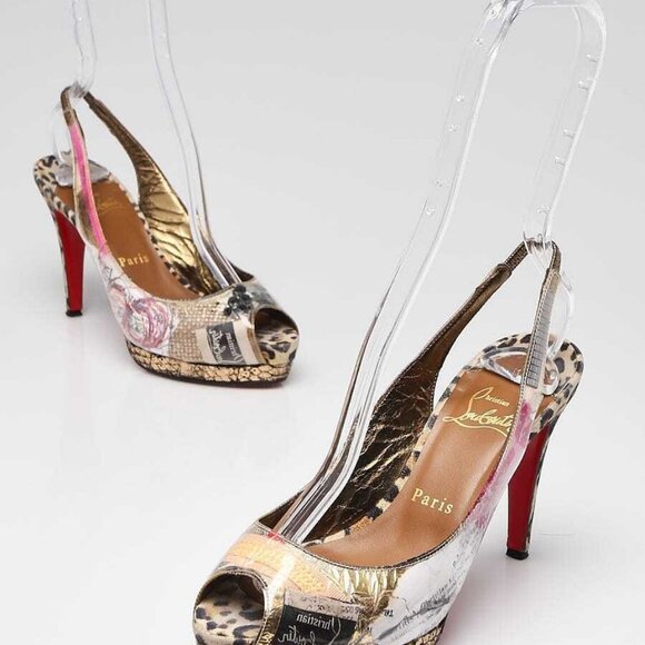 Christian Louboutin Leopard PVC/Suede Winter Trash 100 Peep Toe Slingback - Picture 1 of 4